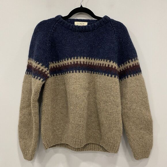 VTG J.CREW Men’s M Tan Handknit Fair Isle Wool Nordic Preppy Ski Sweater Heavy - Picture 1 of 16